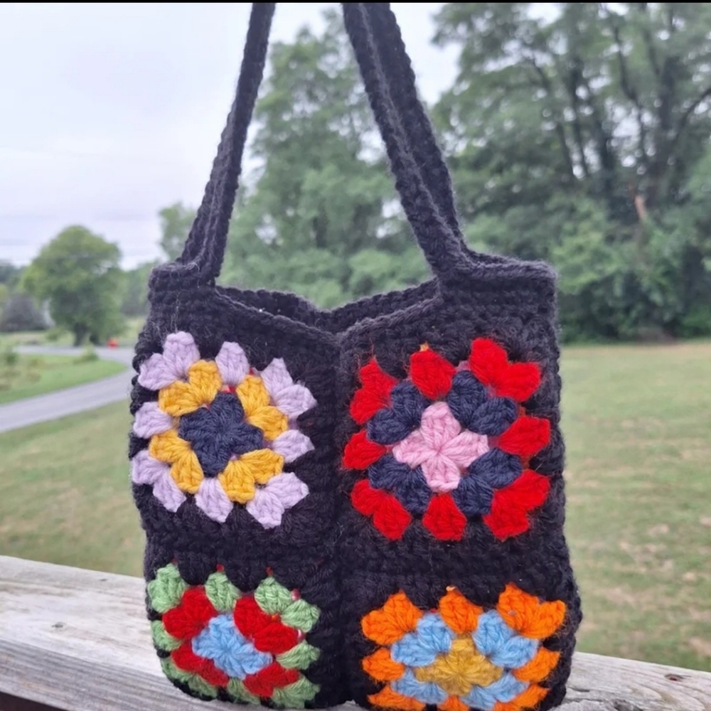 Crocheted Granny Square Quilt Sweater 8" Tote Bag Small Purse Grandma Nostalgia